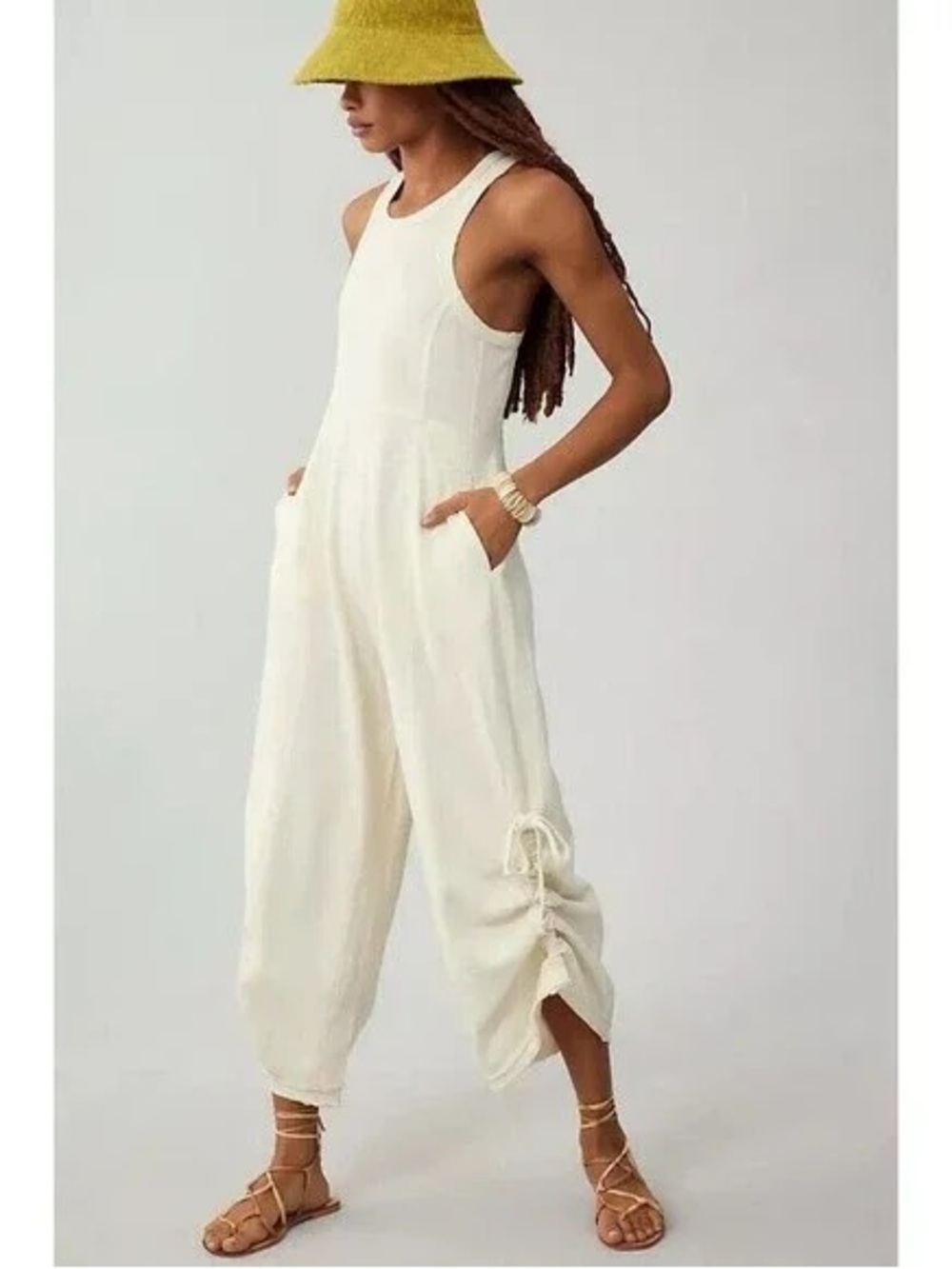 Anthropologie Sleeveless Cream Wide-Leg Jumpsuit with Side Tie